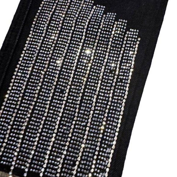 Akira NWT Black Wash Rhinestone Fringe Distressed High Rise Jeans Women’s Size 9 - Picture 3 of 8